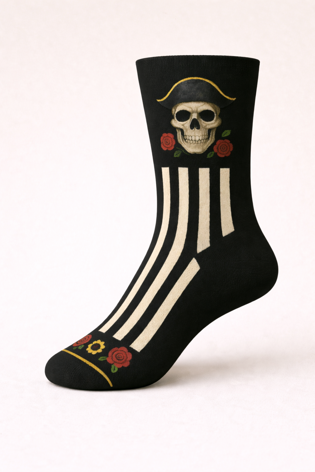 Black sock with skull and roses design on a white background