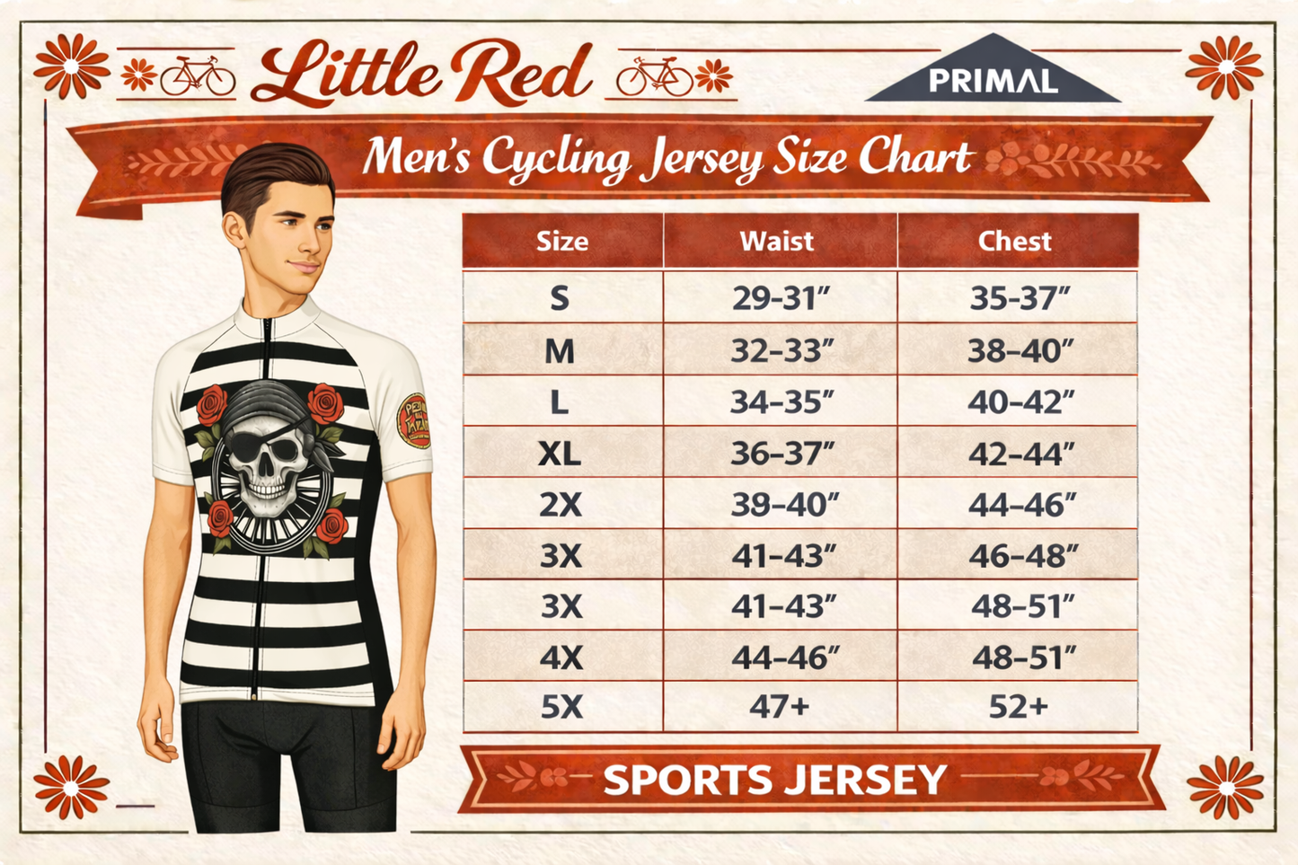 Men's cycling jersey size chart with a man model and measurements on a decorative background.