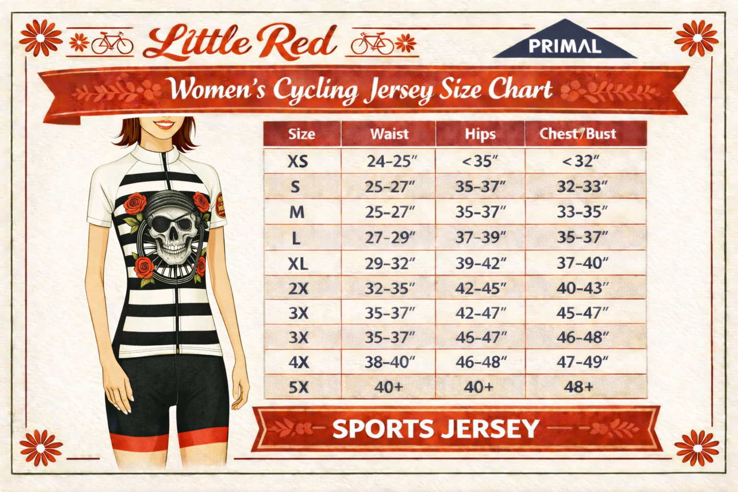 Size chart for women's cycling jerseys with a model wearing the jersey on a decorative background.
