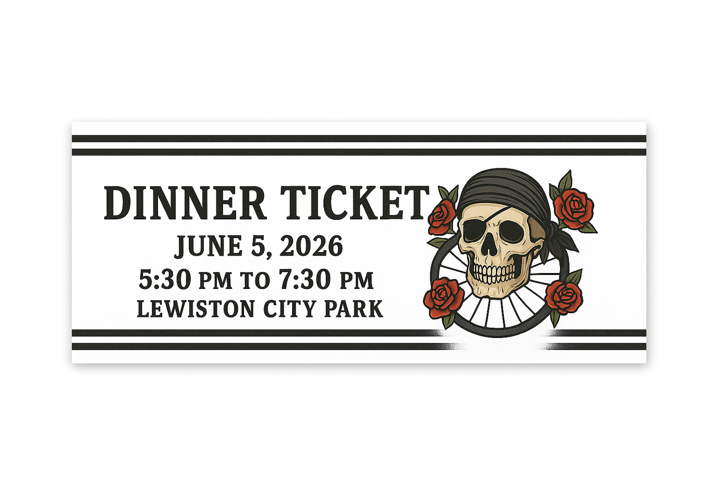 Dinner ticket with skull and roses design on a white background