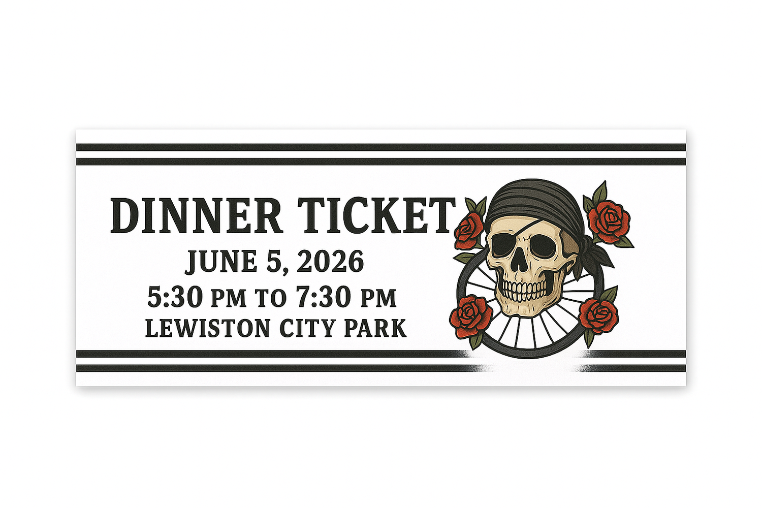 Dinner ticket with skull and roses design on a white background