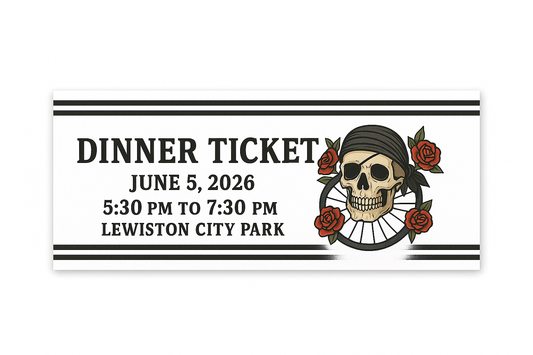 Dinner ticket with skull and roses design on a white background