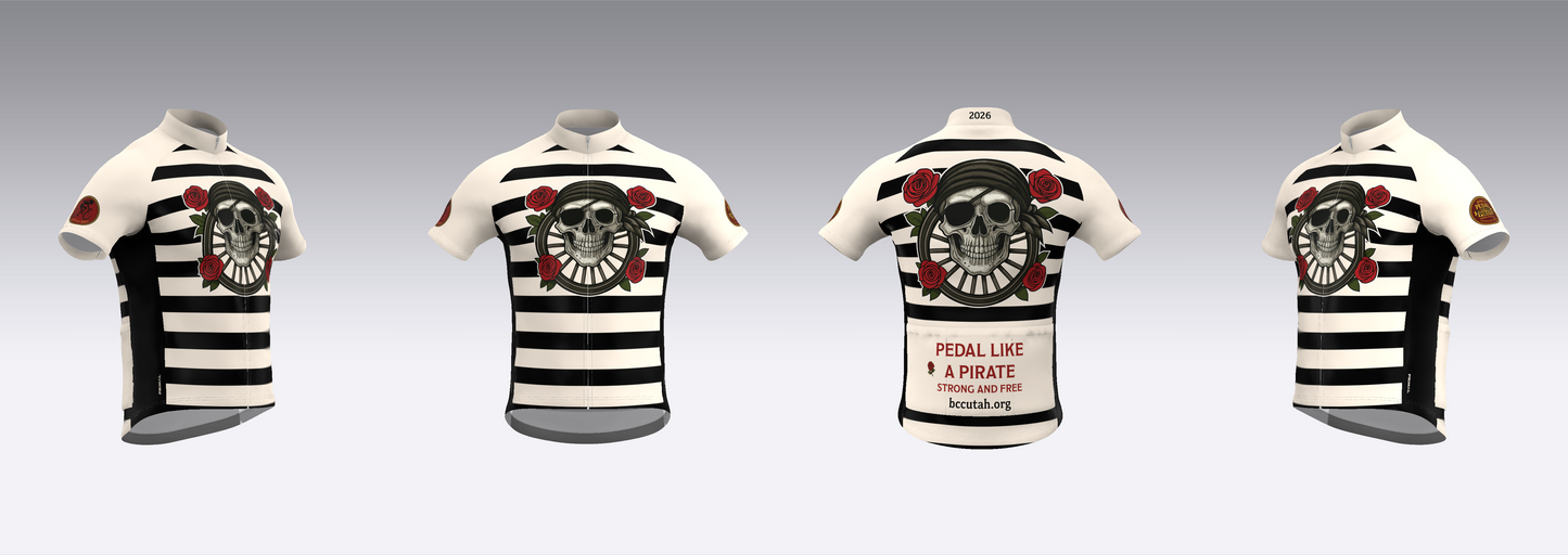 Four views of a cycling jersey with skull and crossbones design on a gray background