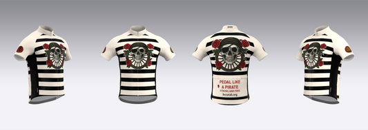 Four views of a cycling jersey with skull and crossbones design on a gray background
