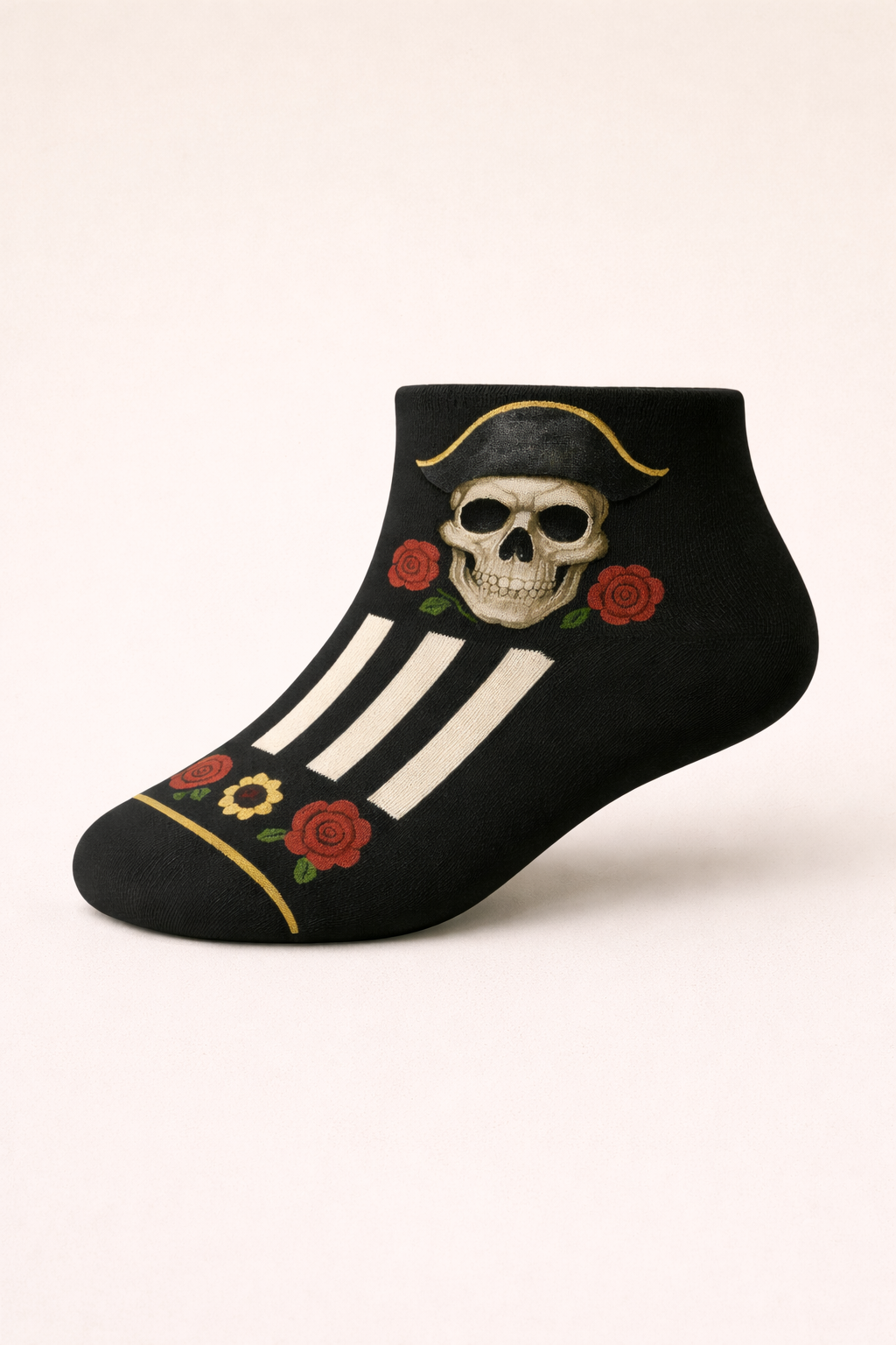 Black ankle sock with skull design on a white background
