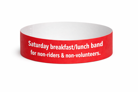 Red wristband with white text on a white background