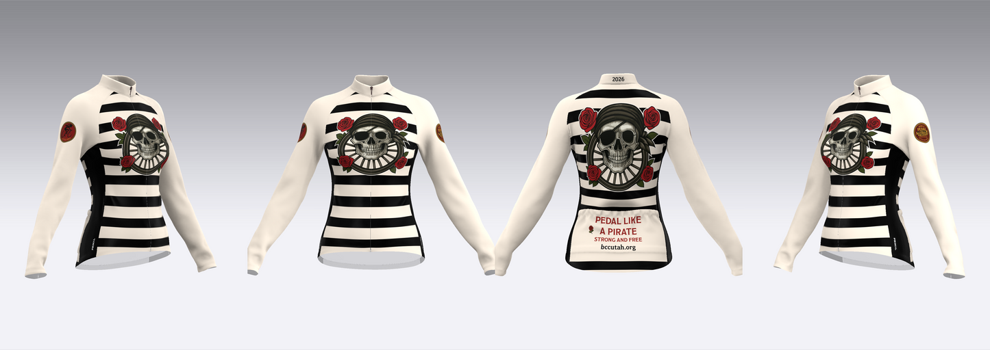 Four views of white long-sleeve shirt with black and red designs on a gray background