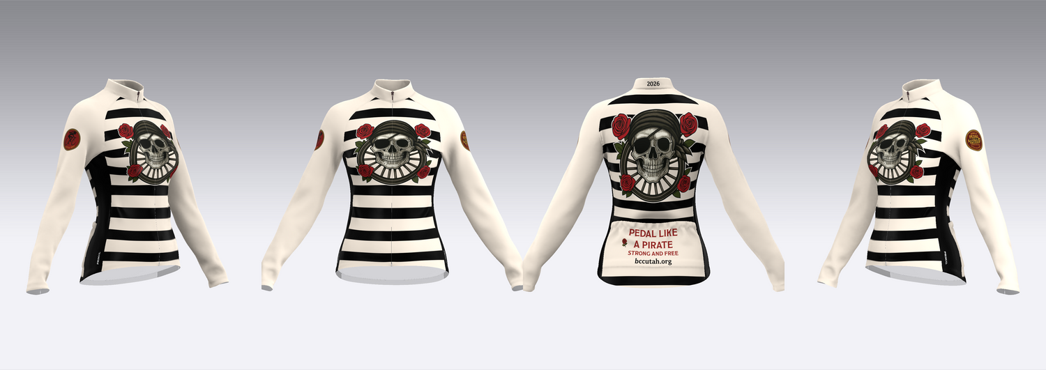 Four views of white long-sleeve shirt with black and red designs on a gray background