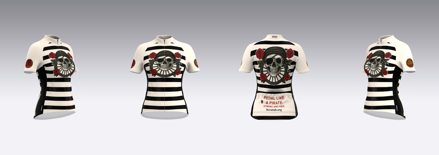 Four views of a black and white striped shirt with skull designs on a gray background