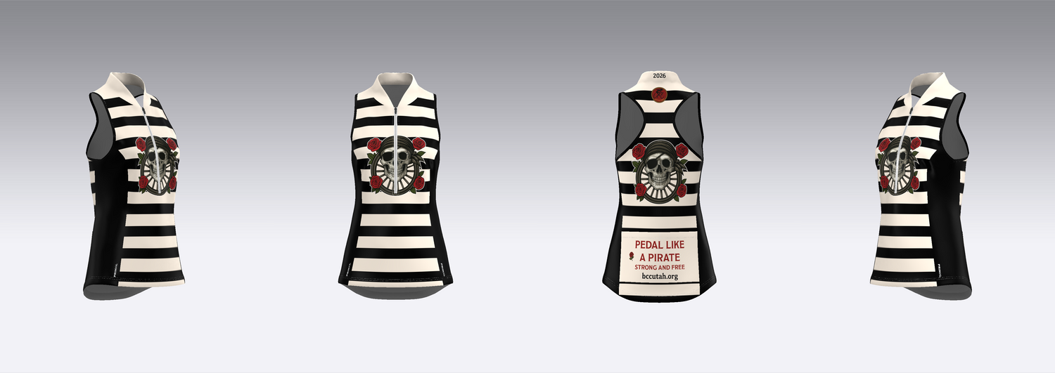 Black and white striped vest with embroidered designs on a gray background