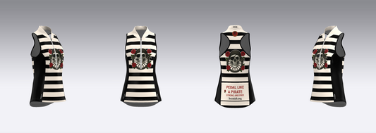 Black and white striped vest with embroidered designs on a gray background