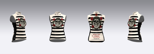 Black and white striped tank tops with skull designs on a gray background